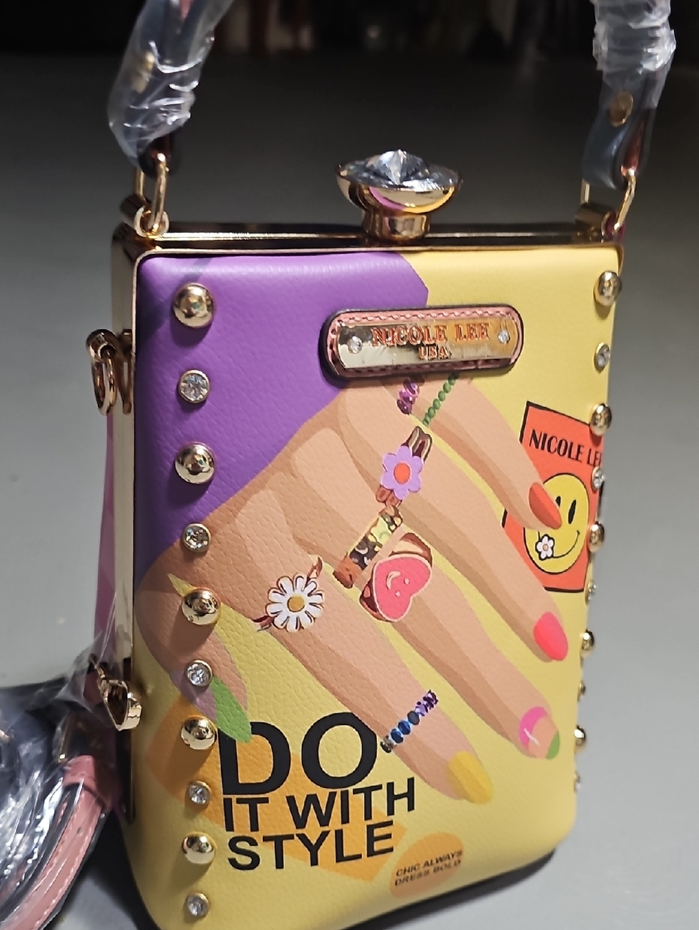 Nicole Lee Diamond Stone Clutch Hand Bag 'Nail Polush' Crossbody NWT